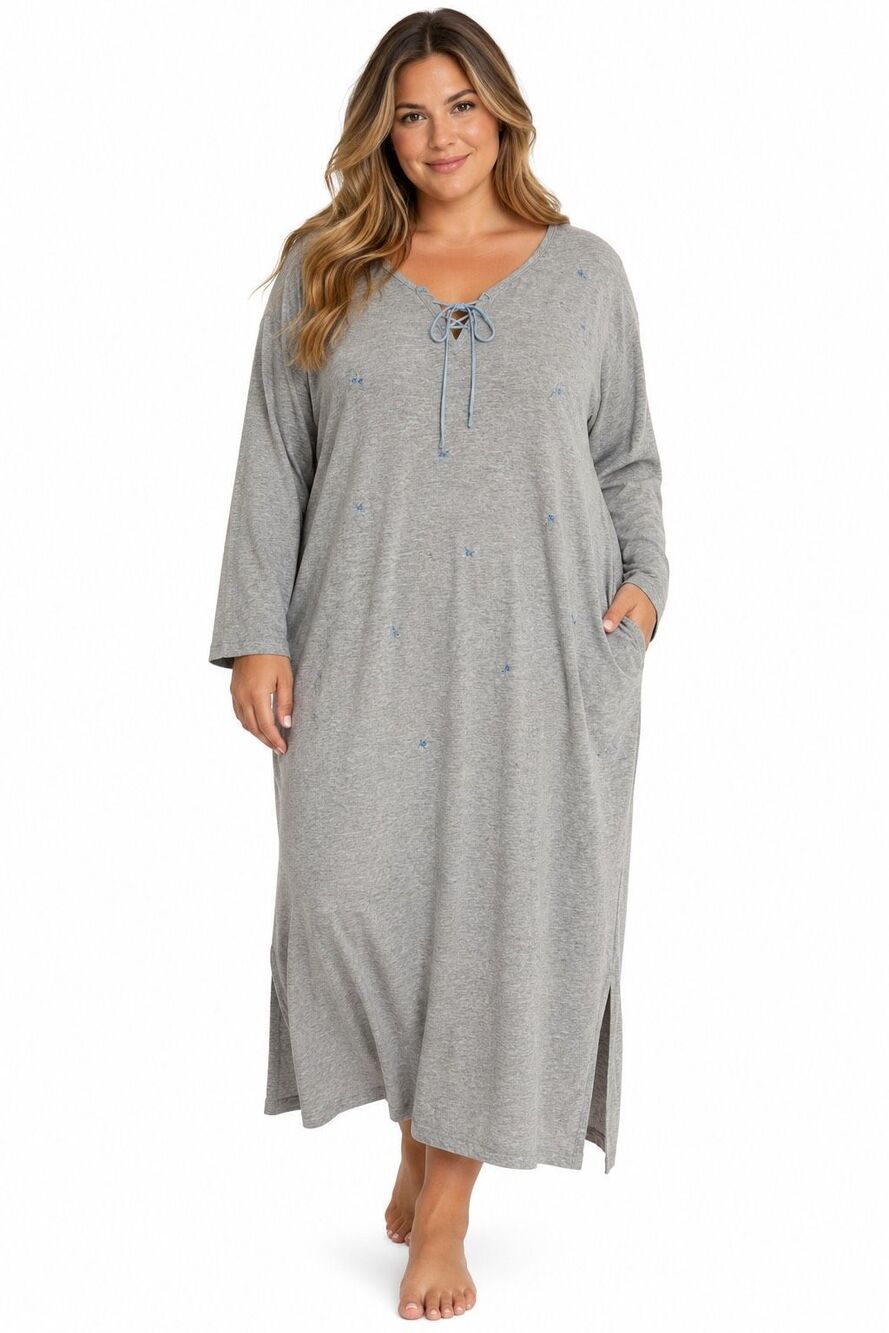 NWT Capistrano Gray Blue Floral Lace-Up Long Sleeve Maxi Nightgown Plus Size 4X
